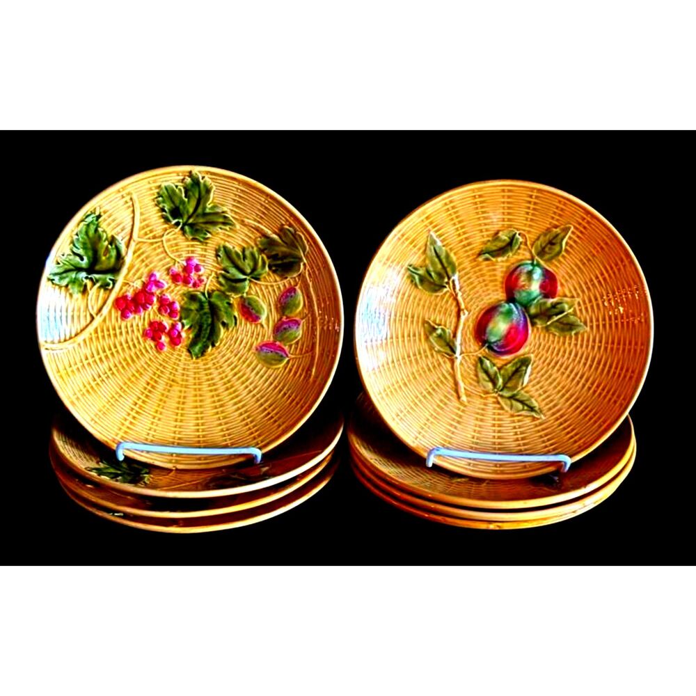 Vintage Georg Schmider Zell Majolica basketweave set of 8 Fruit Plates Germany